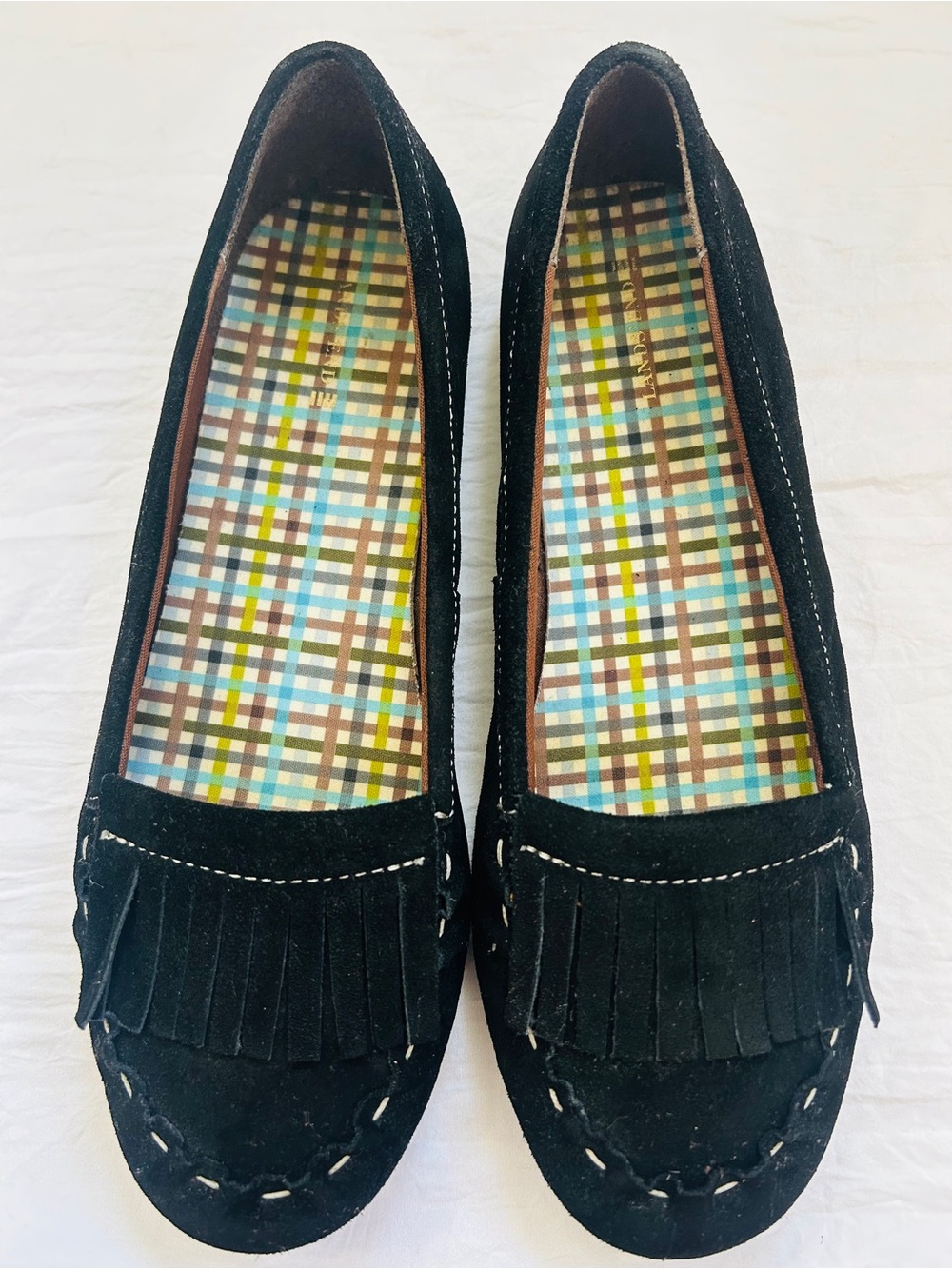 Lands End Classic Black Suede Fringe Loafers - Women's Comfort Flats